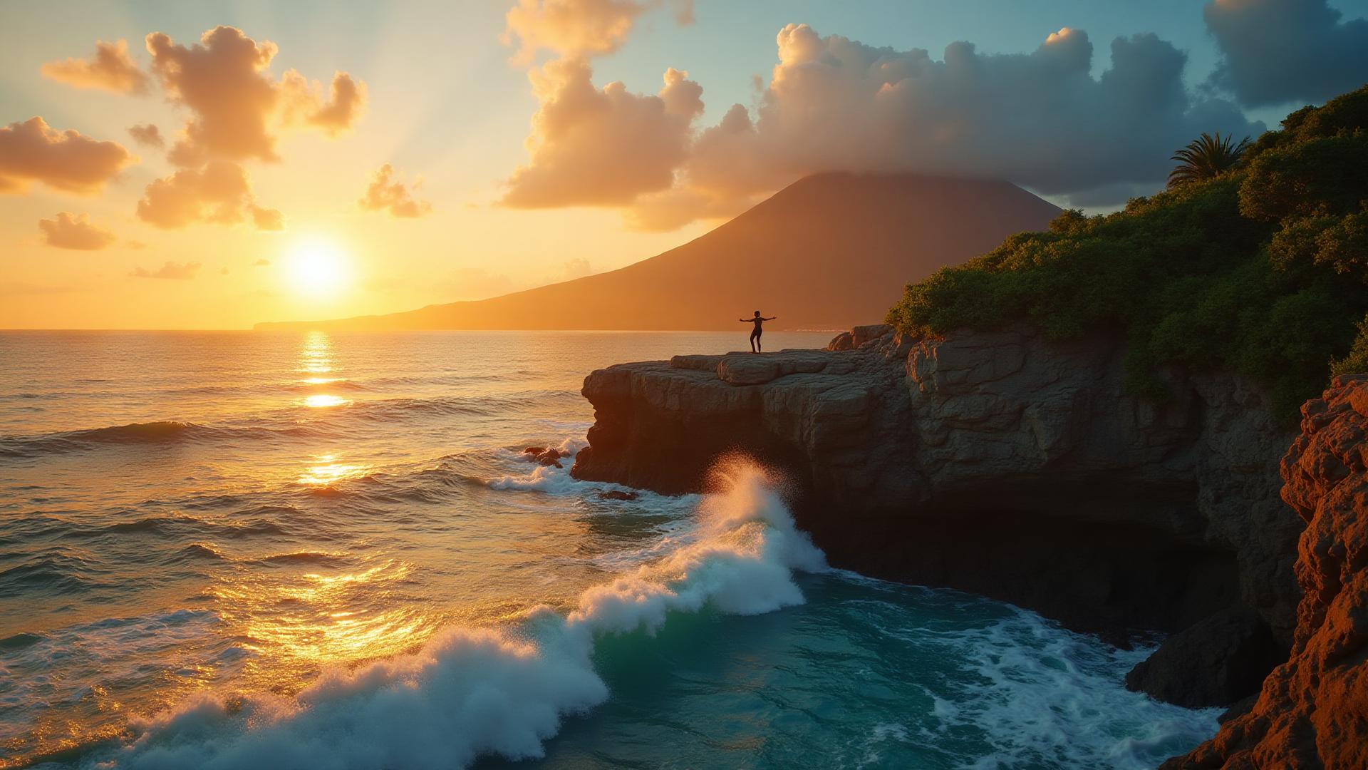 Ocean cliffs at sunset with Mount Agung view